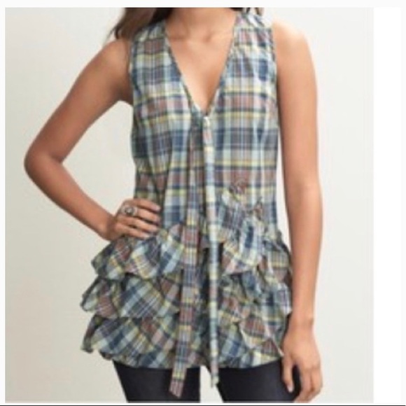 Banana Republic madras plaid sleeveless ruffle tunic top size XS - Picture 1 of 7